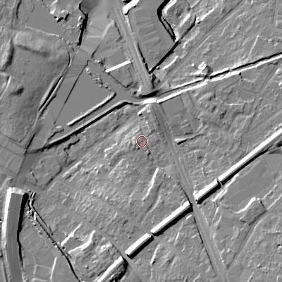 Shaded relief map of the ground around B694QJ, computed from Environment Agency LiDAR. The ground here sits at about 157 m above sea level and falls 20 m across the surrounding 800 m. Surface water reaching this point runs off ground lying to the south-east, 11.3 m higher.
