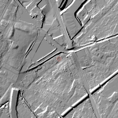Shaded relief map of the ground around B694QN, computed from Environment Agency LiDAR. The ground here sits at about 154 m above sea level and falls 20 m across the surrounding 800 m. Surface water reaching this point runs off ground lying to the south, 13.5 m higher.