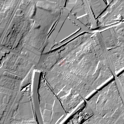 Shaded relief map of the ground around B694QP, computed from Environment Agency LiDAR. The ground here sits at about 154 m above sea level and falls 19 m across the surrounding 800 m. Surface water reaching this point runs off ground lying to the south, 14.2 m higher.
