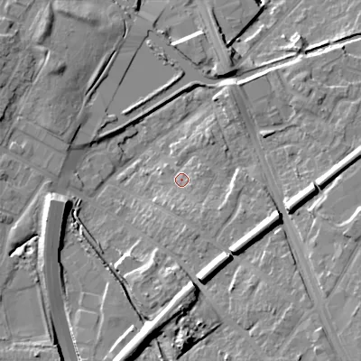 Shaded relief map of the ground around B694QQ, computed from Environment Agency LiDAR. The ground here sits at about 157 m above sea level and falls 19 m across the surrounding 800 m. Surface water reaching this point runs off ground lying to the south-south-west, 11.8 m higher.