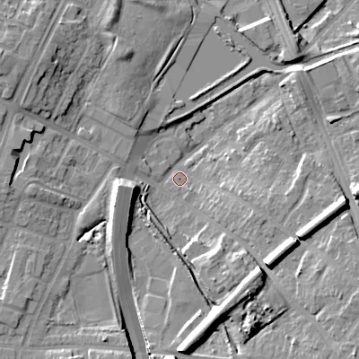 Shaded relief map of the ground around B694QR, computed from Environment Agency LiDAR. The ground here sits at about 155 m above sea level and falls 15 m across the surrounding 800 m. Surface water reaching this point runs off ground lying to the south, 14.4 m higher.