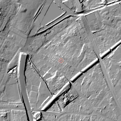 Shaded relief map of the ground around B694QS, computed from Environment Agency LiDAR. The ground here sits at about 158 m above sea level and falls 17 m across the surrounding 800 m. Surface water reaching this point runs off ground lying to the south-east, 9.2 m higher.