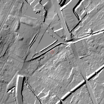 Shaded relief map of the ground around B694QT, computed from Environment Agency LiDAR. The ground here sits at about 154 m above sea level and falls 20 m across the surrounding 800 m. Surface water reaching this point runs off ground lying to the south, 13.7 m higher.