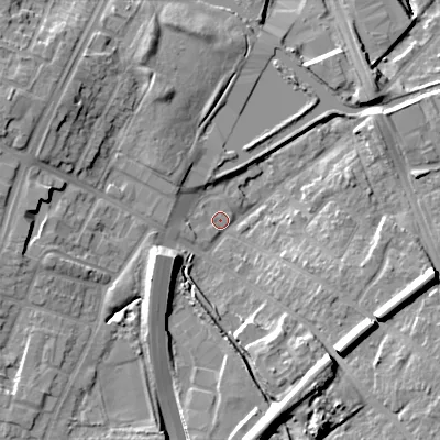 Shaded relief map of the ground around B694QW, computed from Environment Agency LiDAR. The ground here sits at about 154 m above sea level and falls 19 m across the surrounding 800 m. Surface water reaching this point runs off ground lying to the south, 14.2 m higher.