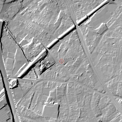 Shaded relief map of the ground around B694QZ, computed from Environment Agency LiDAR. The ground here sits at about 163 m above sea level and falls 20 m across the surrounding 800 m. Surface water reaching this point runs off ground lying to the south-east, 10.0 m higher.