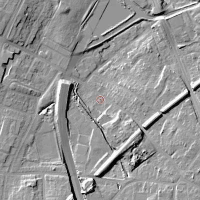 Shaded relief map of the ground around B694RB, computed from Environment Agency LiDAR. The ground here sits at about 156 m above sea level and falls 17 m across the surrounding 800 m. Surface water reaching this point runs off ground lying to the south, 14.7 m higher.
