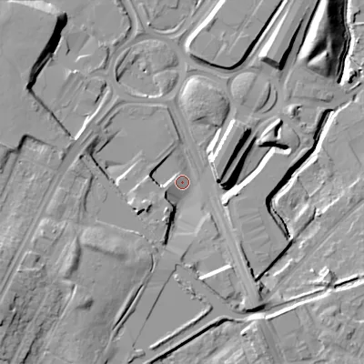 Shaded relief map of the ground around B694RJ, computed from Environment Agency LiDAR. The ground here sits at about 152 m above sea level and falls 20 m across the surrounding 800 m. Surface water reaching this point runs off ground lying to the south-west, 13.1 m higher.
