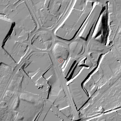 Shaded relief map of the ground around B694RL, computed from Environment Agency LiDAR. The ground here sits at about 151 m above sea level and falls 20 m across the surrounding 800 m. Surface water reaching this point runs off ground lying to the north-north-east, 2.9 m higher.