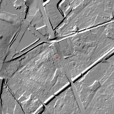 Shaded relief map of the ground around B694RR, computed from Environment Agency LiDAR. The ground here sits at about 157 m above sea level and falls 21 m across the surrounding 800 m. Surface water reaching this point runs off ground lying to the south-east, 11.8 m higher.