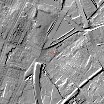 Shaded relief map of the ground around B694SD, computed from Environment Agency LiDAR. The ground here sits at about 154 m above sea level and falls 19 m across the surrounding 800 m. Surface water reaching this point runs off ground lying to the south-south-east, 14.1 m higher.