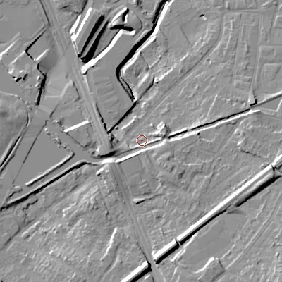 Shaded relief map of the ground around B694XA, computed from Environment Agency LiDAR. The ground here sits at about 155 m above sea level and falls 23 m across the surrounding 800 m. Surface water reaching this point runs off ground lying to the south-east, 6.3 m higher.