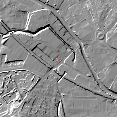 Shaded relief map of the ground around B707JB, computed from Environment Agency LiDAR. The ground here sits at about 138 m above sea level and falls 22 m across the surrounding 800 m. Surface water reaching this point runs off ground lying to the west-north-west, 5.8 m higher.
