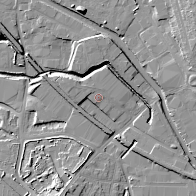 Shaded relief map of the ground around B707JE, computed from Environment Agency LiDAR. The ground here sits at about 140 m above sea level and falls 19 m across the surrounding 800 m. Surface water reaching this point runs off ground lying to the west-north-west, 2.3 m higher.