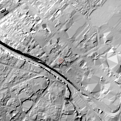 Shaded relief map of the ground around B708HY, computed from Environment Agency LiDAR. The ground here sits at about 165 m above sea level and falls 13 m across the surrounding 800 m. Surface water reaching this point runs off ground lying to the south-south-west, 1.5 m higher.