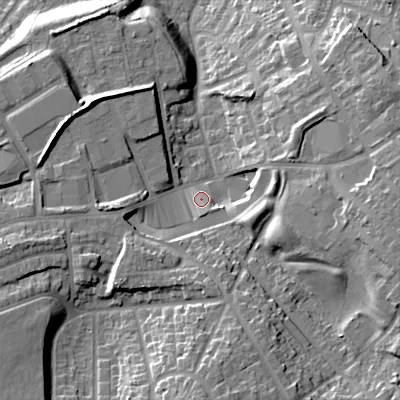 Shaded relief map of the ground around B711AR, computed from Environment Agency LiDAR. The ground here sits at about 136 m above sea level and falls 23 m across the surrounding 800 m. Surface water reaching this point runs off ground lying to the south, 6.6 m higher.