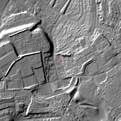 Shaded relief map of the ground around B711BA, computed from Environment Agency LiDAR. The ground here sits at about 133 m above sea level and falls 26 m across the surrounding 800 m. Surface water reaching this point runs off ground lying to the south-east, 16.0 m higher.