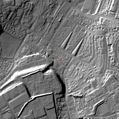 Shaded relief map of the ground around B711BD, computed from Environment Agency LiDAR. The ground here sits at about 126 m above sea level and falls 24 m across the surrounding 800 m. Surface water reaching this point runs off ground lying to the south-east, 20.8 m higher.