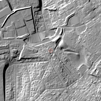 Shaded relief map of the ground around B711ES, computed from Environment Agency LiDAR. The ground here sits at about 140 m above sea level and falls 24 m across the surrounding 800 m. Surface water reaching this point runs off ground lying to the south-south-west, 3.5 m higher.