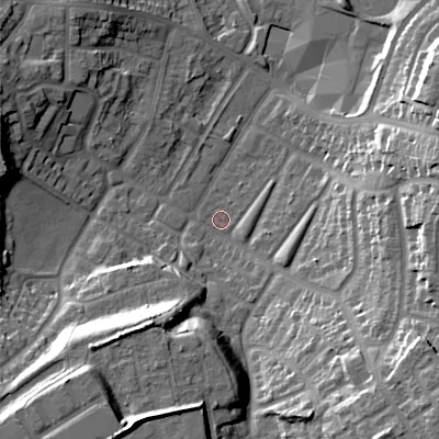 Shaded relief map of the ground around B711JB, computed from Environment Agency LiDAR. The ground here sits at about 124 m above sea level and falls 23 m across the surrounding 800 m. Surface water reaching this point runs off ground lying to the south-east, 21.6 m higher.