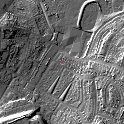 Shaded relief map of the ground around B711JF, computed from Environment Agency LiDAR. The ground here sits at about 123 m above sea level and falls 29 m across the surrounding 800 m. Surface water reaching this point runs off ground lying to the east-south-east, 26.6 m higher.
