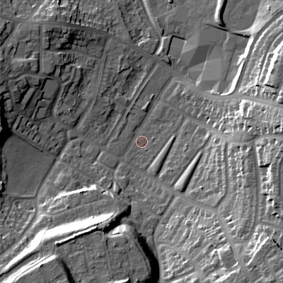 Shaded relief map of the ground around B711JH, computed from Environment Agency LiDAR. The ground here sits at about 124 m above sea level and falls 24 m across the surrounding 800 m. Surface water reaching this point runs off ground lying to the south-east, 21.4 m higher.