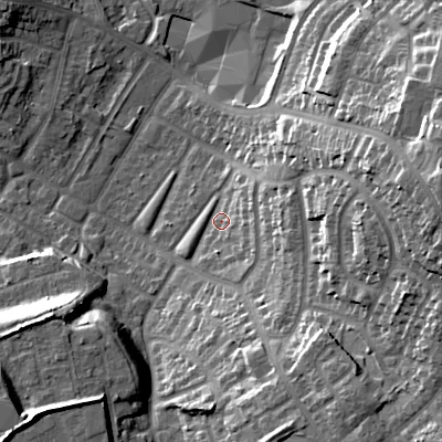 Shaded relief map of the ground around B711JL, computed from Environment Agency LiDAR. The ground here sits at about 127 m above sea level and falls 31 m across the surrounding 800 m. Surface water reaching this point runs off ground lying to the south-south-east, 5.5 m higher.
