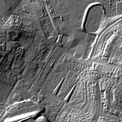 Shaded relief map of the ground around B711JQ, computed from Environment Agency LiDAR. The ground here sits at about 123 m above sea level and falls 27 m across the surrounding 800 m. Surface water reaching this point runs off ground lying to the east-south-east, 24.7 m higher.