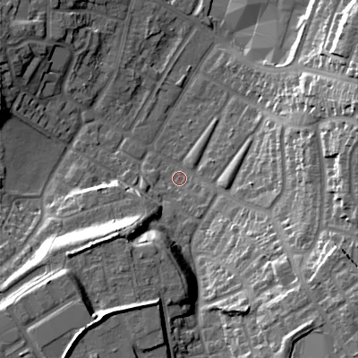 Shaded relief map of the ground around B711JT, computed from Environment Agency LiDAR. The ground here sits at about 125 m above sea level and falls 24 m across the surrounding 800 m. Surface water reaching this point runs off ground lying to the south-east, 20.8 m higher.