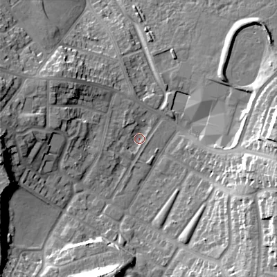 Shaded relief map of the ground around B711JZ, computed from Environment Agency LiDAR. The ground here sits at about 123 m above sea level and falls 22 m across the surrounding 800 m. Surface water reaching this point runs off ground lying to the west, 16.9 m higher.