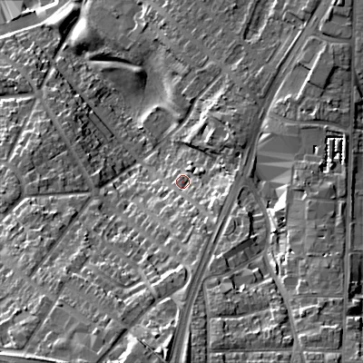 Shaded relief map of the ground around B711PU, computed from Environment Agency LiDAR. The ground here sits at about 145 m above sea level and falls 30 m across the surrounding 800 m. Surface water reaching this point runs off ground lying to the south, 9.8 m higher.