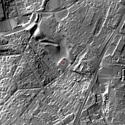 Shaded relief map of the ground around B711QD, computed from Environment Agency LiDAR. The ground here sits at about 141 m above sea level and falls 25 m across the surrounding 800 m. Surface water reaching this point runs off ground lying to the east, 3.0 m higher.