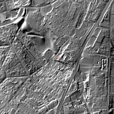 Shaded relief map of the ground around B711QE, computed from Environment Agency LiDAR. The ground here sits at about 144 m above sea level and falls 26 m across the surrounding 800 m. Surface water reaching this point runs off ground lying to the east-north-east, 8.8 m higher.