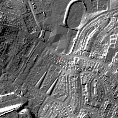Shaded relief map of the ground around B712BS, computed from Environment Agency LiDAR. The ground here sits at about 125 m above sea level and falls 33 m across the surrounding 800 m. Surface water reaching this point runs off ground lying to the east-south-east, 14.1 m higher.