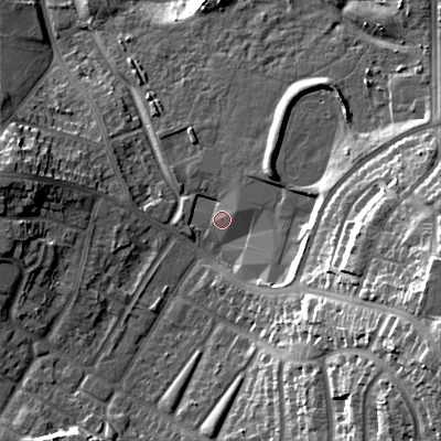 Shaded relief map of the ground around B712BX, computed from Environment Agency LiDAR. The ground here sits at about 124 m above sea level and falls 33 m across the surrounding 800 m. Surface water reaching this point runs off ground lying to the east-north-east, 2.7 m higher.