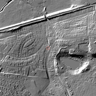 Shaded relief map of the ground around B712EX, computed from Environment Agency LiDAR. The ground here sits at about 120 m above sea level and falls 26 m across the surrounding 800 m. Surface water reaching this point runs off ground lying to the south-west, 23.3 m higher.