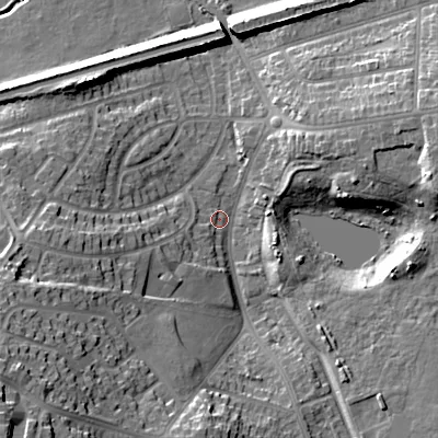 Shaded relief map of the ground around B712HA, computed from Environment Agency LiDAR. The ground here sits at about 120 m above sea level and falls 30 m across the surrounding 800 m. Surface water reaching this point runs off ground lying to the south-west, 27.1 m higher.
