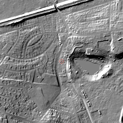 Shaded relief map of the ground around B712HB, computed from Environment Agency LiDAR. The ground here sits at about 120 m above sea level and falls 26 m across the surrounding 800 m. Surface water reaching this point runs off ground lying to the south-west, 23.2 m higher.