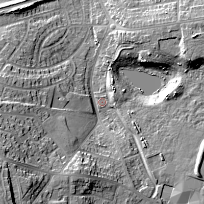 Shaded relief map of the ground around B712HD, computed from Environment Agency LiDAR. The ground here sits at about 120 m above sea level and falls 26 m across the surrounding 800 m. Surface water reaching this point runs off ground lying to the south-west, 24.5 m higher.