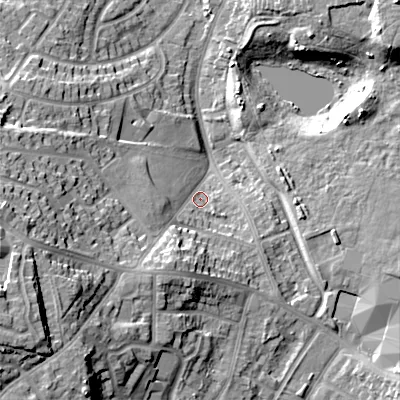 Shaded relief map of the ground around B712HH, computed from Environment Agency LiDAR. The ground here sits at about 122 m above sea level and falls 27 m across the surrounding 800 m. Surface water reaching this point runs off ground lying to the west-south-west, 23.0 m higher.