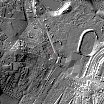 Shaded relief map of the ground around B712HT, computed from Environment Agency LiDAR. The ground here sits at about 123 m above sea level and falls 25 m across the surrounding 800 m. Surface water reaching this point runs off ground lying to the south-east, 20.6 m higher.