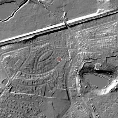 Shaded relief map of the ground around B712NX, computed from Environment Agency LiDAR. The ground here sits at about 120 m above sea level and falls 28 m across the surrounding 800 m. Surface water reaching this point runs off ground lying to the south-west, 20.3 m higher.