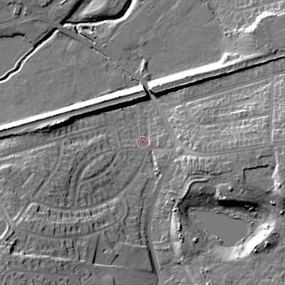 Shaded relief map of the ground around B712PA, computed from Environment Agency LiDAR. The ground here sits at about 119 m above sea level and falls 24 m across the surrounding 800 m. Surface water reaching this point runs off ground lying to the south-west, 19.2 m higher.