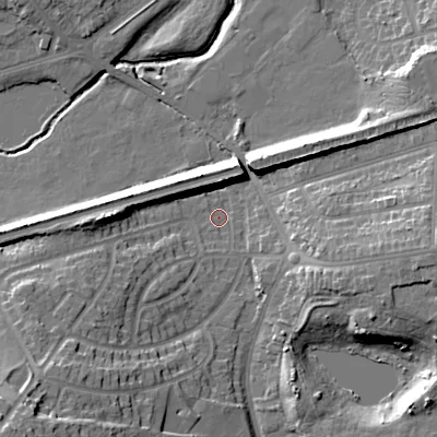 Shaded relief map of the ground around B712PB, computed from Environment Agency LiDAR. The ground here sits at about 119 m above sea level and falls 23 m across the surrounding 800 m. Surface water reaching this point runs off ground lying to the south-west, 19.2 m higher.