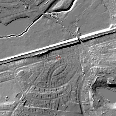 Shaded relief map of the ground around B712PE, computed from Environment Agency LiDAR. The ground here sits at about 120 m above sea level and falls 26 m across the surrounding 800 m. Surface water reaching this point runs off ground lying to the south-west, 21.7 m higher.