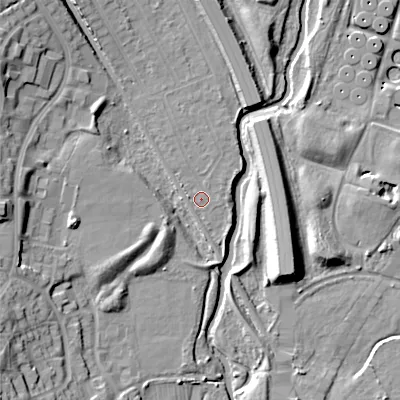Shaded relief map of the ground around B713QH, computed from Environment Agency LiDAR. The ground here sits at about 108 m above sea level and falls 17 m across the surrounding 800 m. Surface water reaching this point runs off ground lying to the north-north-west, 6.0 m higher.