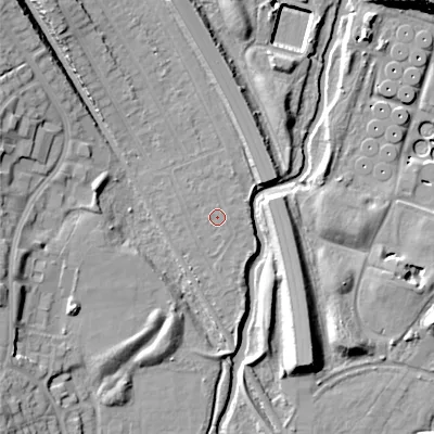 Shaded relief map of the ground around B713QL, computed from Environment Agency LiDAR. The ground here sits at about 108 m above sea level and falls 20 m across the surrounding 800 m. Surface water reaching this point runs off ground lying to the north-north-west, 0.5 m higher.