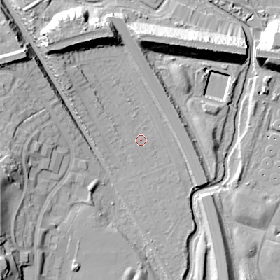 Shaded relief map of the ground around B713QN, computed from Environment Agency LiDAR. The ground here sits at about 109 m above sea level and falls 29 m across the surrounding 800 m. Surface water reaching this point runs off ground lying to the north-west, 8.4 m higher.