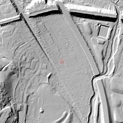 Shaded relief map of the ground around B713QQ, computed from Environment Agency LiDAR. The ground here sits at about 109 m above sea level and falls 35 m across the surrounding 800 m. Surface water reaching this point runs off ground lying to the north-west, 8.2 m higher.