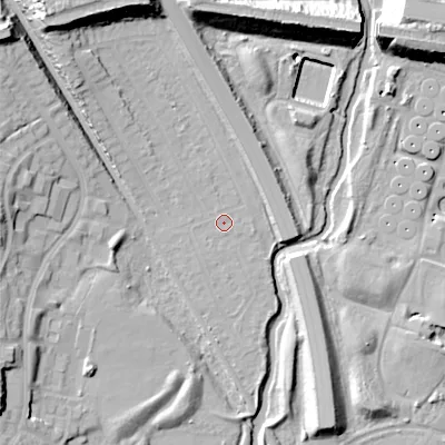 Shaded relief map of the ground around B713QR, computed from Environment Agency LiDAR. The ground here sits at about 109 m above sea level and falls 22 m across the surrounding 800 m. Surface water reaching this point runs off ground lying to the north-north-west, 17.3 m higher.