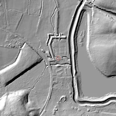 Shaded relief map of the ground around B713SZ, computed from Environment Agency LiDAR. The ground here sits at about 104 m above sea level and falls 27 m across the surrounding 800 m. Surface water reaching this point runs off ground lying to the west-south-west, 3.8 m higher.